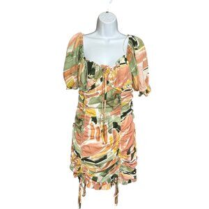 Luxxel Watercolor Off Shoulder Drawstring Lined Mini Babydoll Dress Size M